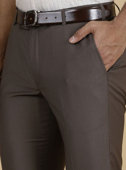 Brown Solid Slim Fit Formal Trouser | Metal