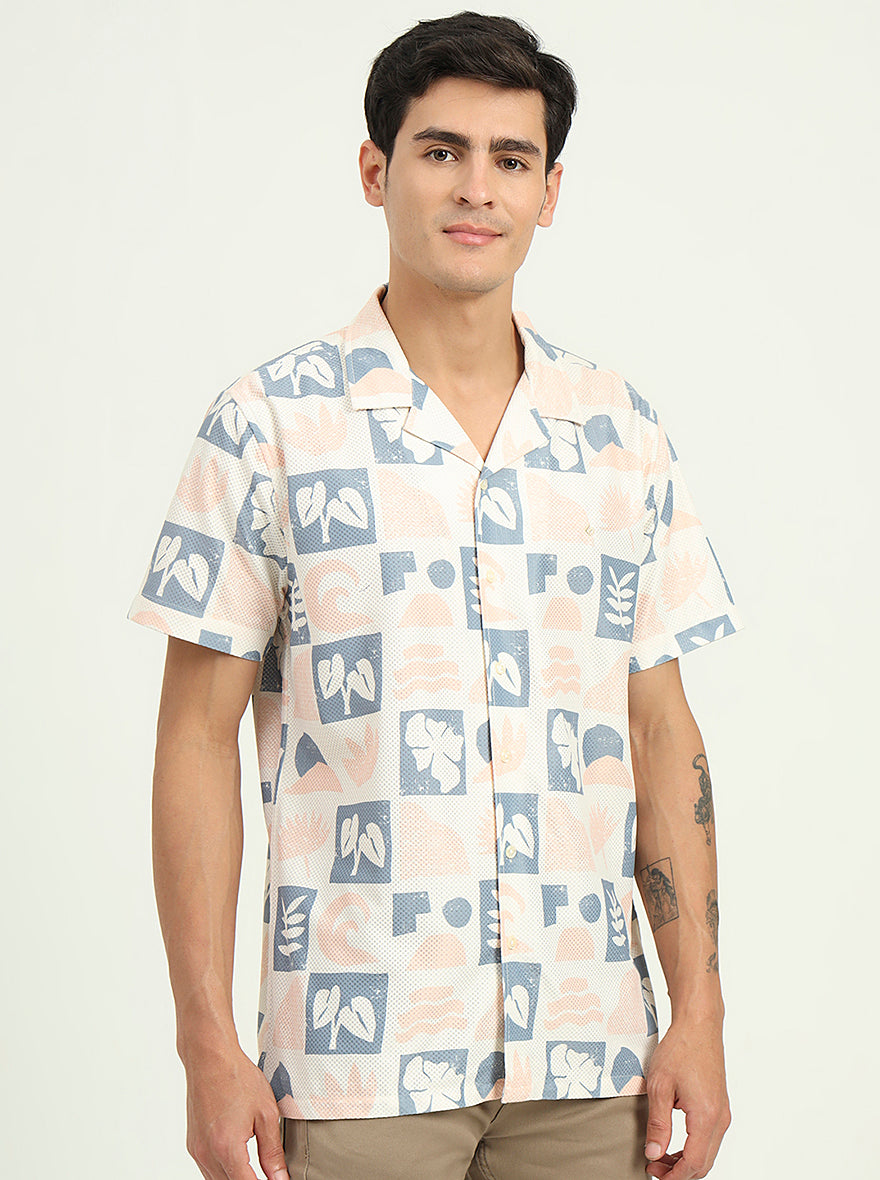 Cream Printed Slim Fit Casual Shirt | Greenfibre