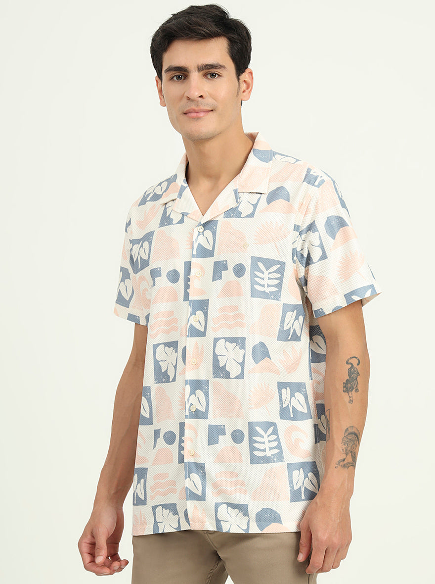 Cream Printed Slim Fit Casual Shirt | Greenfibre