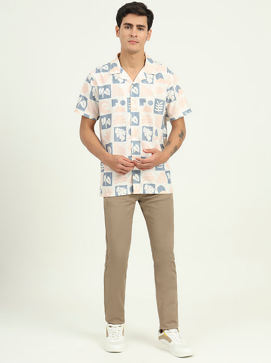 Cream Printed Slim Fit Casual Shirt | Greenfibre