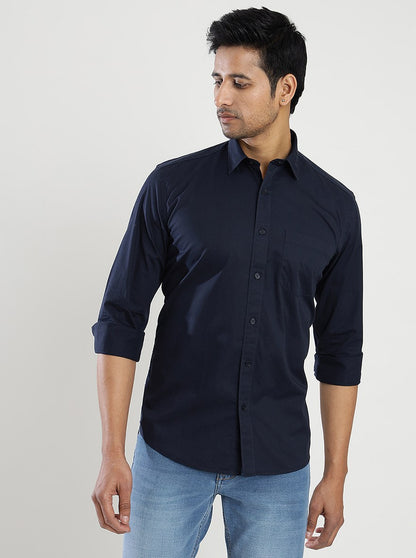 Navy Blue Solid Slim Fit Semi Casual Shirt | JadeBlue