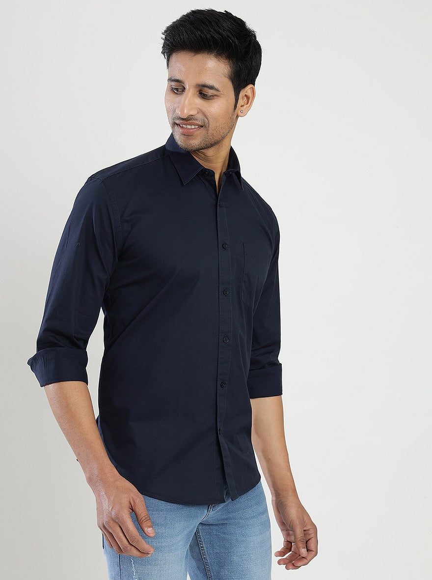 Navy Blue Solid Slim Fit Semi Casual Shirt | JadeBlue