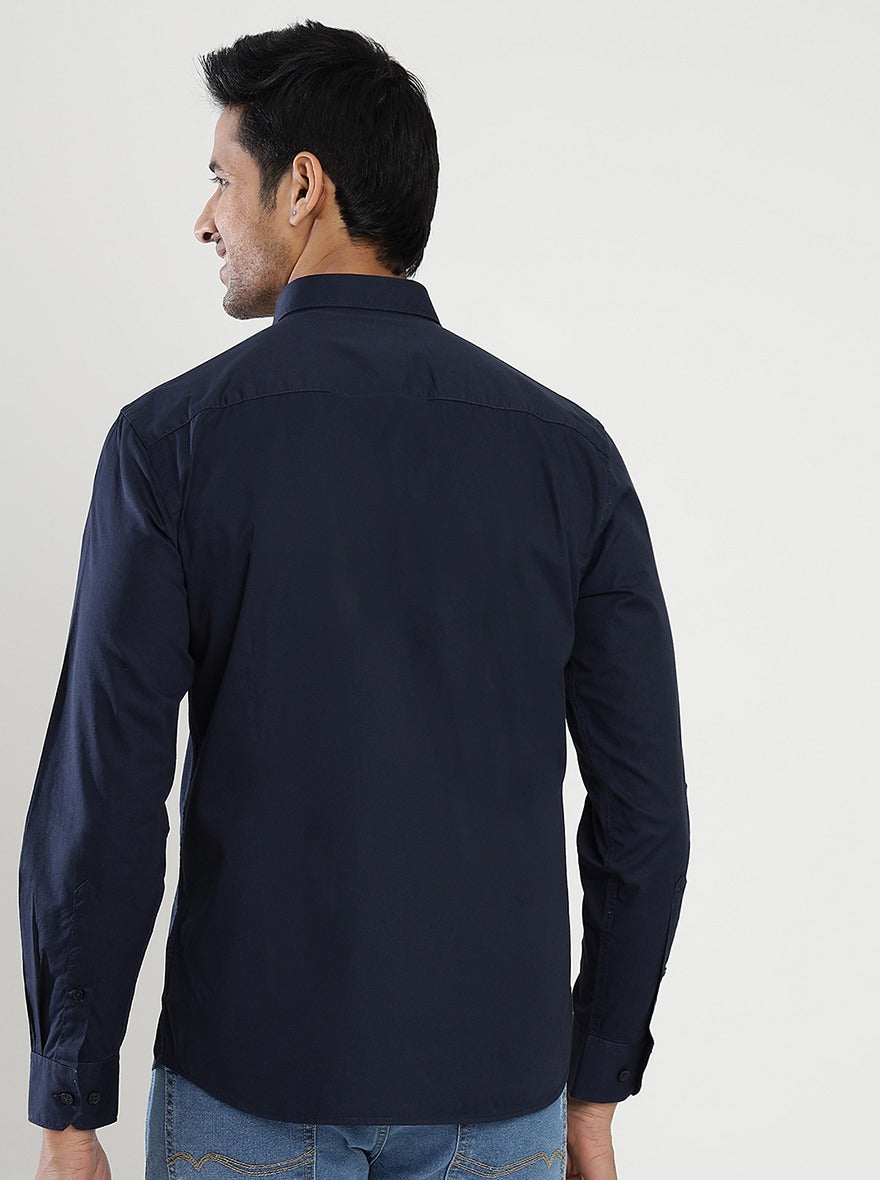 Navy Blue Solid Slim Fit Semi Casual Shirt | JadeBlue