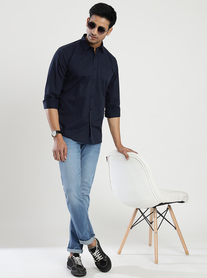 Navy Blue Solid Slim Fit Semi Casual Shirt | JadeBlue