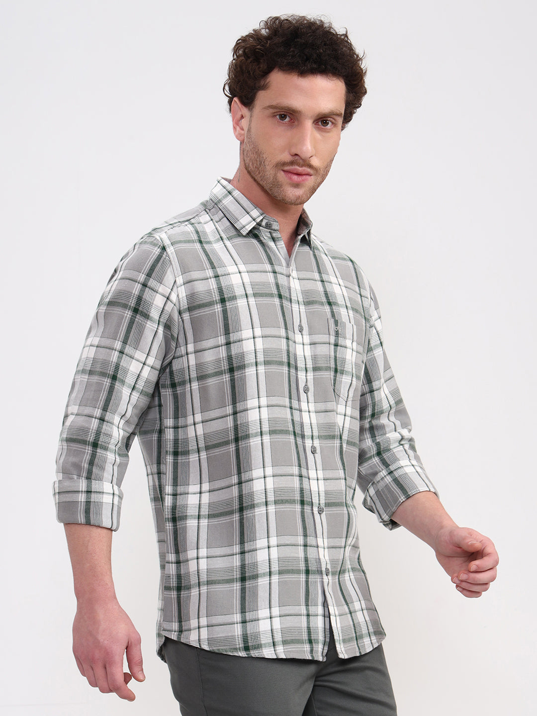 Green Checked Slim Fit Casual Shirt | JadeBlue