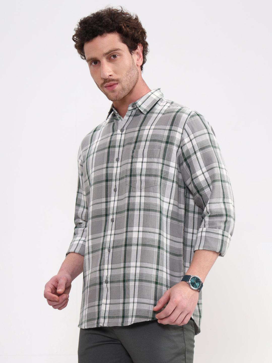 Green Checked Slim Fit Casual Shirt | JadeBlue