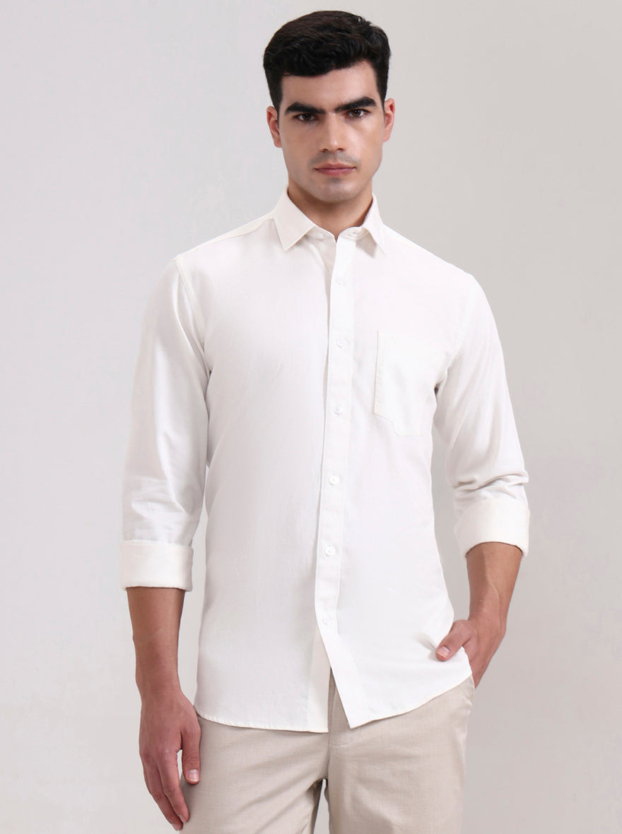 Cream Solid Tailored Fit Semi Casual Shirt | JadeBlue