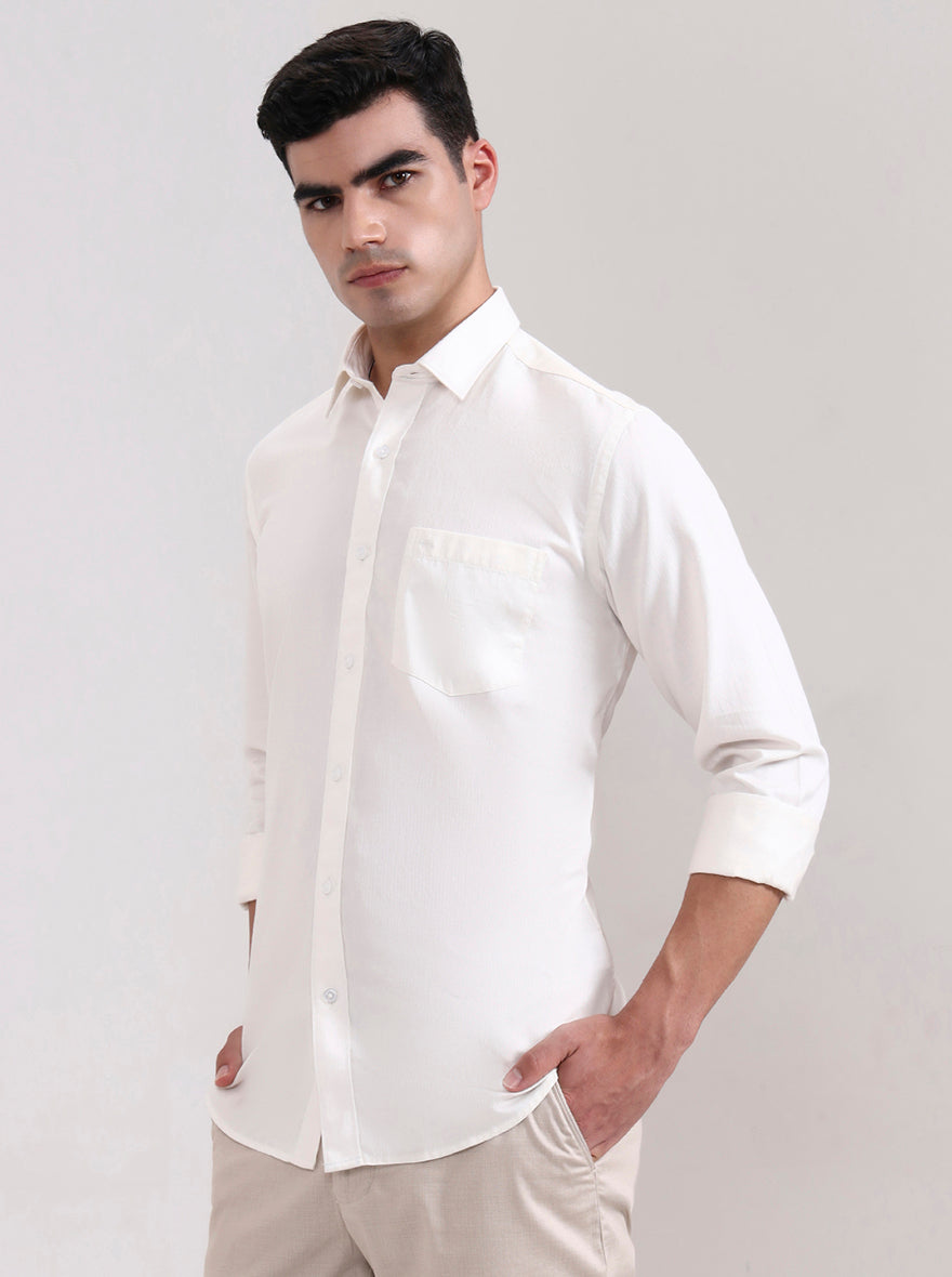 Cream Solid Tailored Fit Semi Casual Shirt | JadeBlue