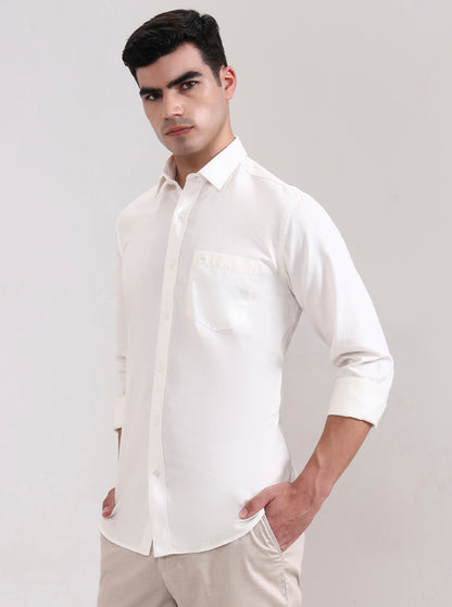 Cream Solid Tailored Fit Semi Casual Shirt | JadeBlue