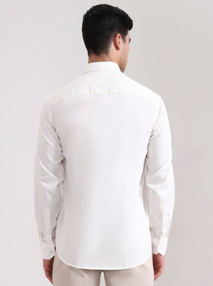 Cream Solid Tailored Fit Semi Casual Shirt | JadeBlue