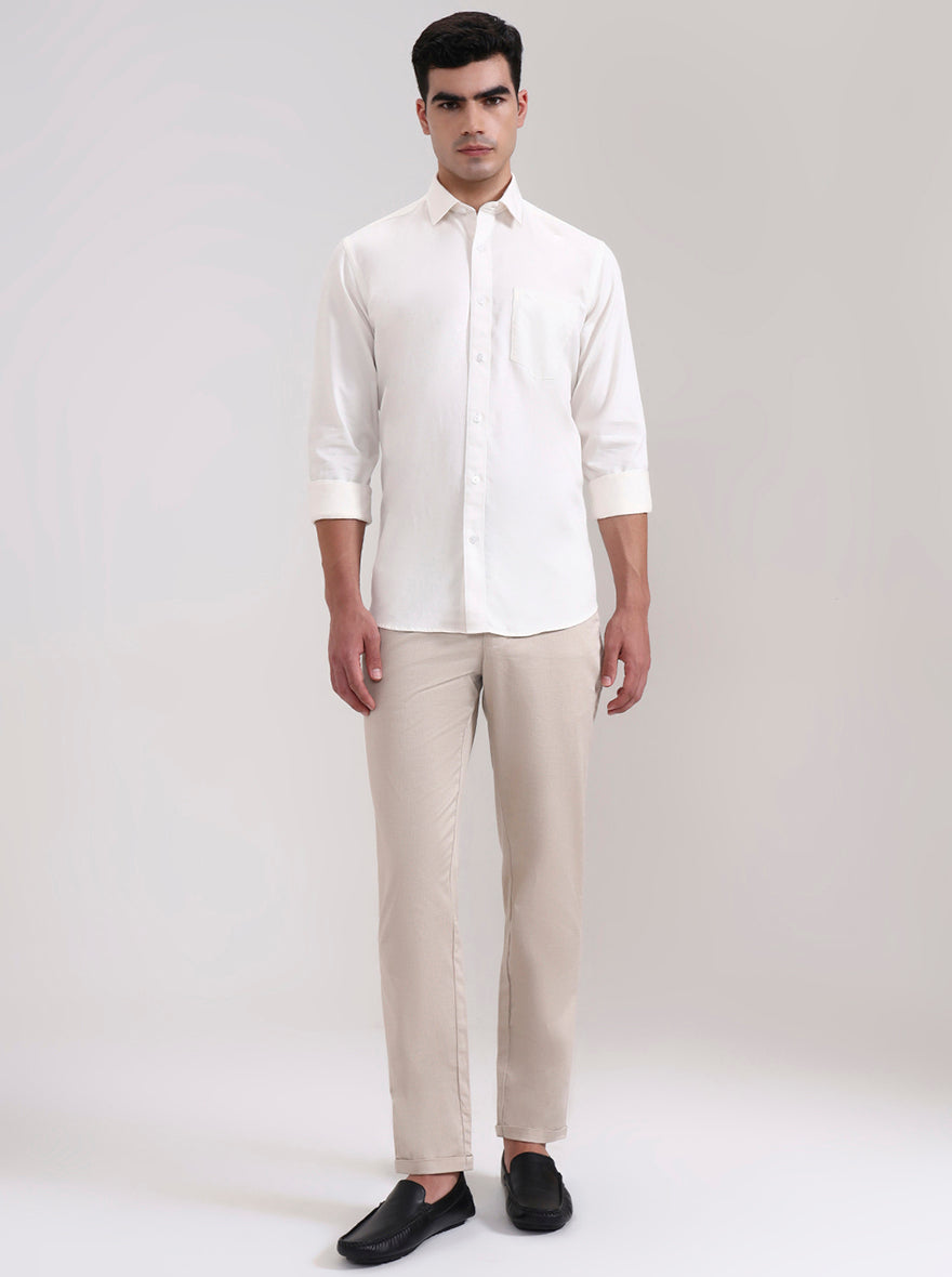 Cream Solid Tailored Fit Semi Casual Shirt | JadeBlue