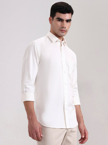 Cream Solid Tailored Fit Semi Casual Shirt | JadeBlue
