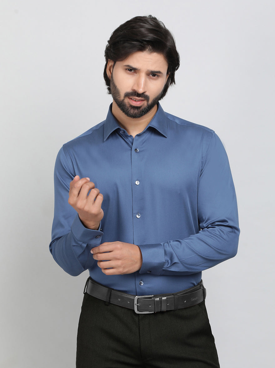 Blue Solid Slim Fit Party Wear Shirt | Wyre