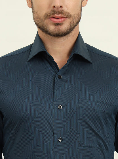 Peacock Blue Printed Slim Fit Formal Shirt | Metal