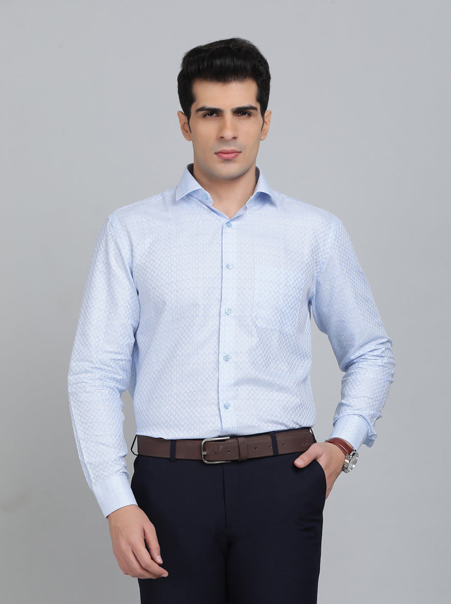 Sky Blue Checked Regular Fit Formal Shirt | Greenfibre