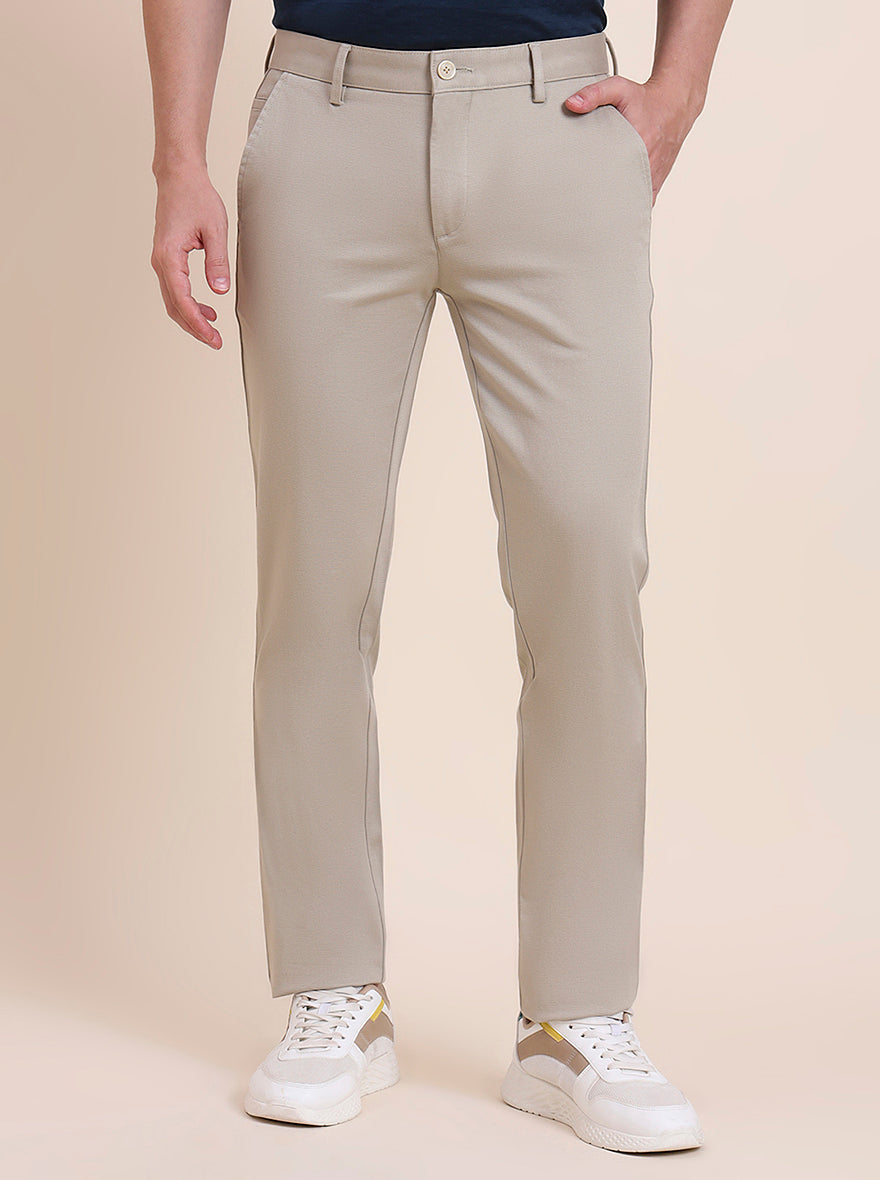 Beige Solid Uno Fit Casual Trouser | JadeBlue