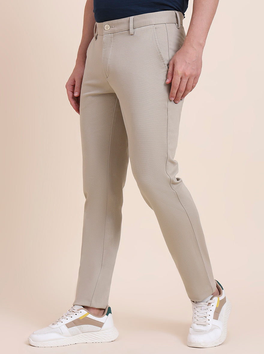 Beige Solid Uno Fit Casual Trouser | JadeBlue