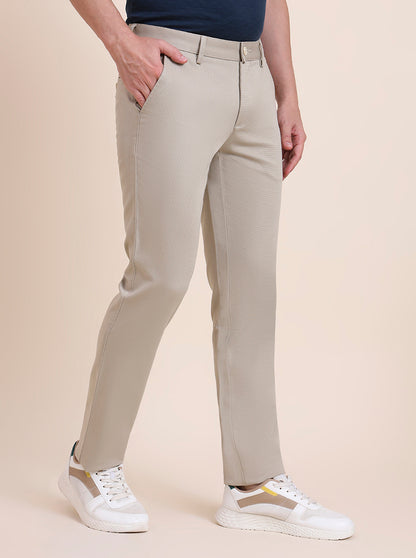 Beige Solid Uno Fit Casual Trouser | JadeBlue