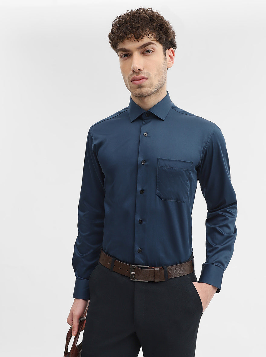 Teal Solid Slim Fit Formal Shirt | Metal