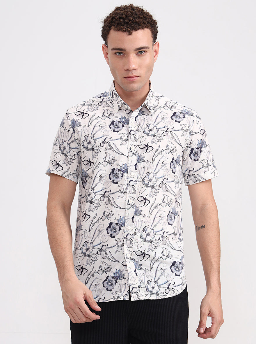 Off White Printed Slim Fit Casual Shirt | JadeBlue