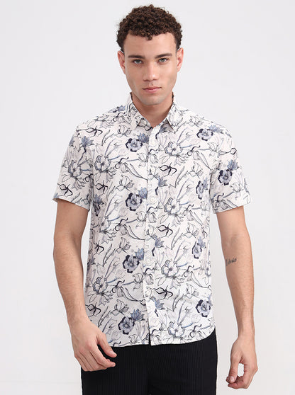 Off White Printed Slim Fit Casual Shirt | JadeBlue