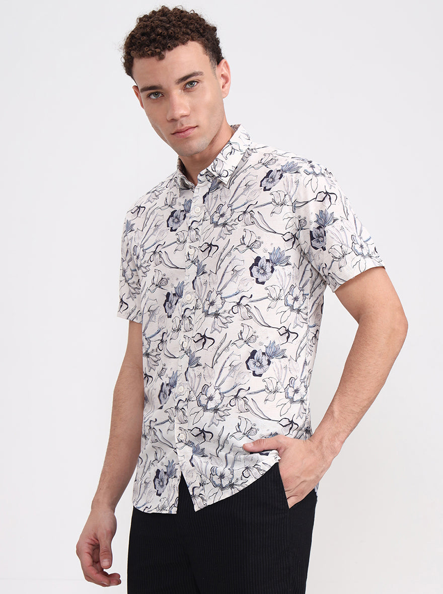 Off White Printed Slim Fit Casual Shirt | JadeBlue