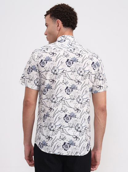 Off White Printed Slim Fit Casual Shirt | JadeBlue