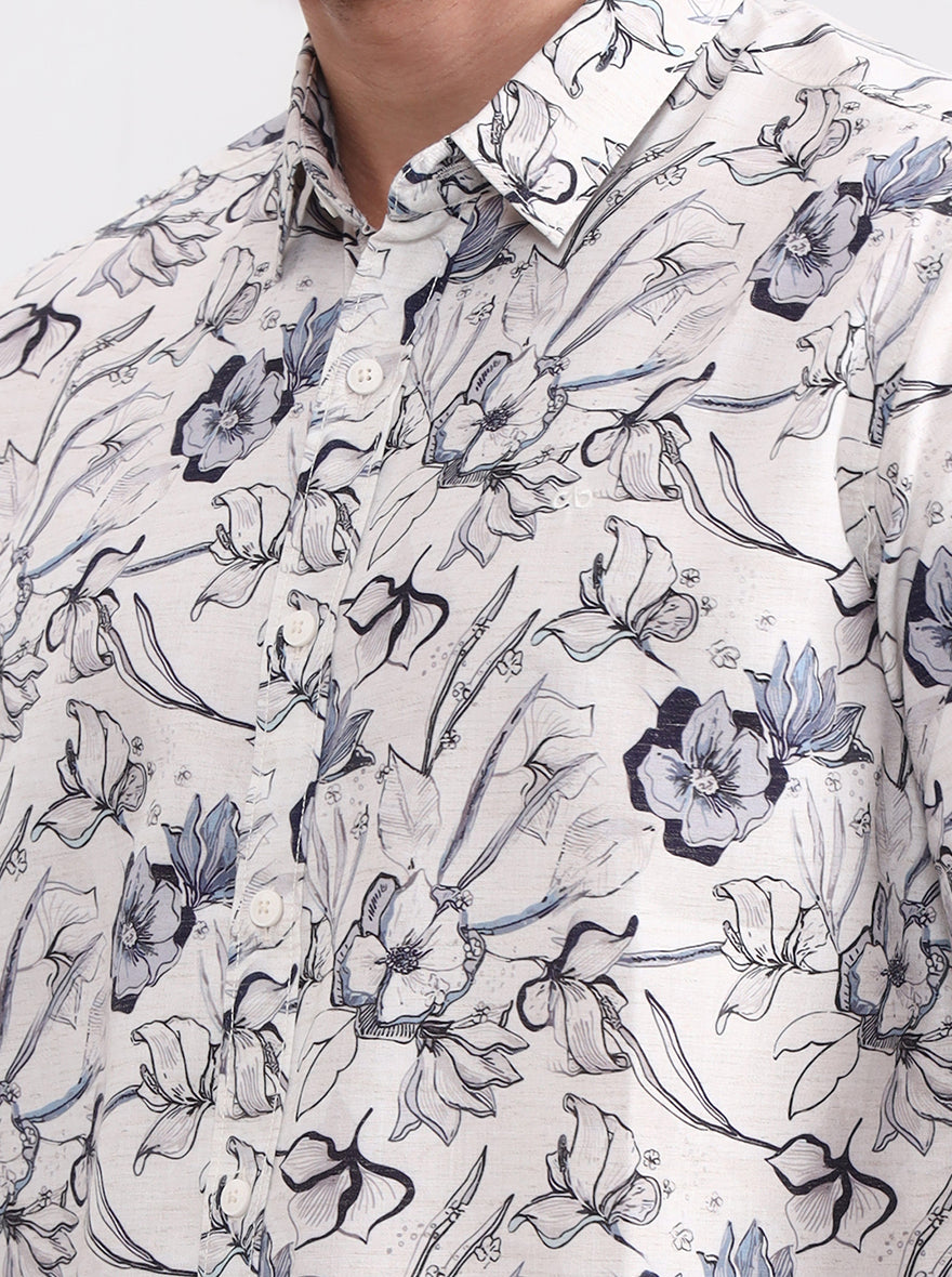 Off White Printed Slim Fit Casual Shirt | JadeBlue
