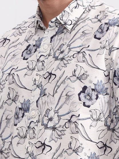 Off White Printed Slim Fit Casual Shirt | JadeBlue