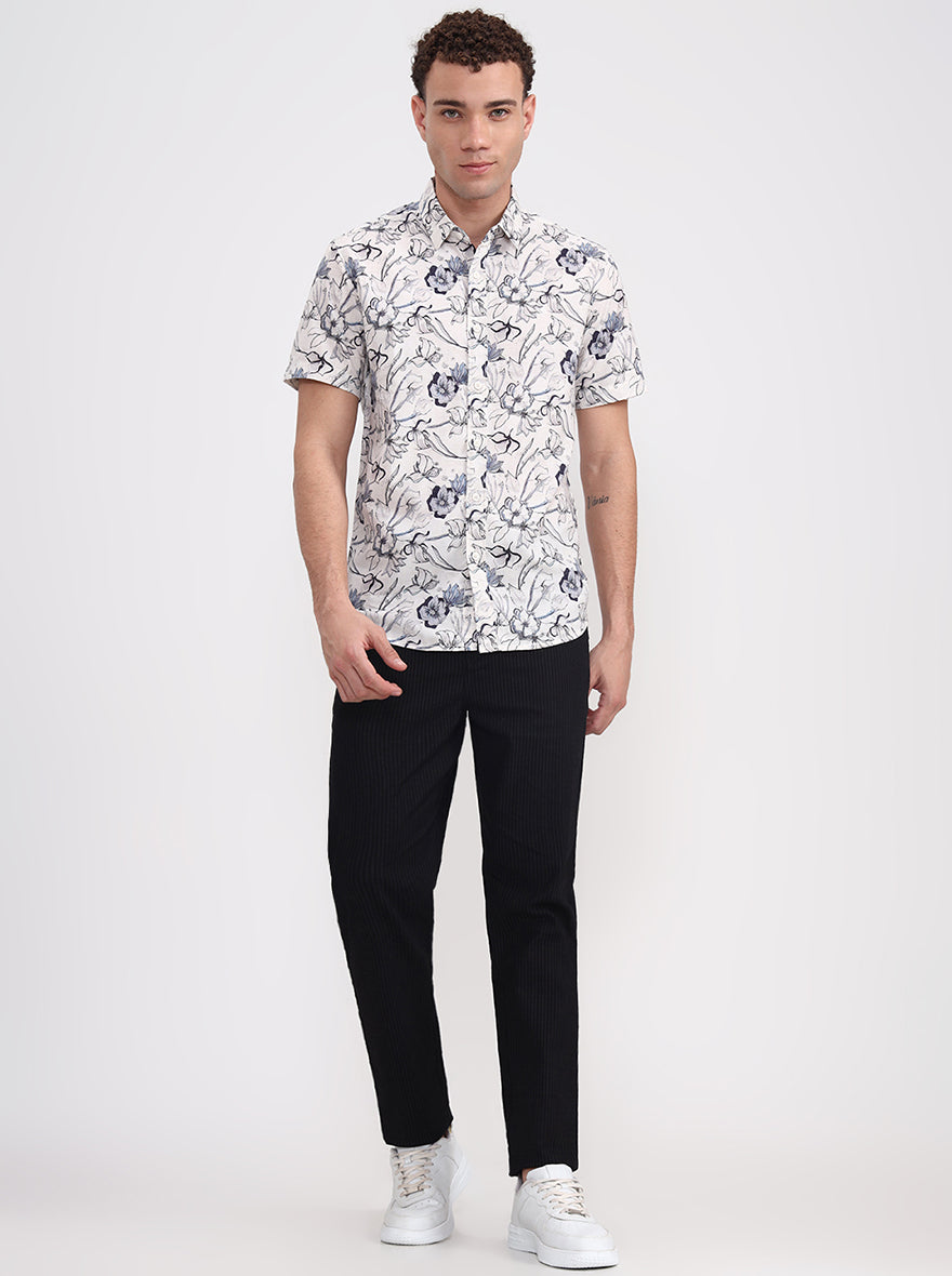 Off White Printed Slim Fit Casual Shirt | JadeBlue