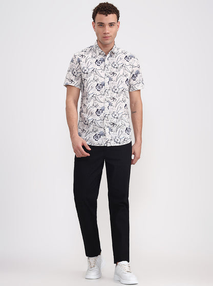 Off White Printed Slim Fit Casual Shirt | JadeBlue
