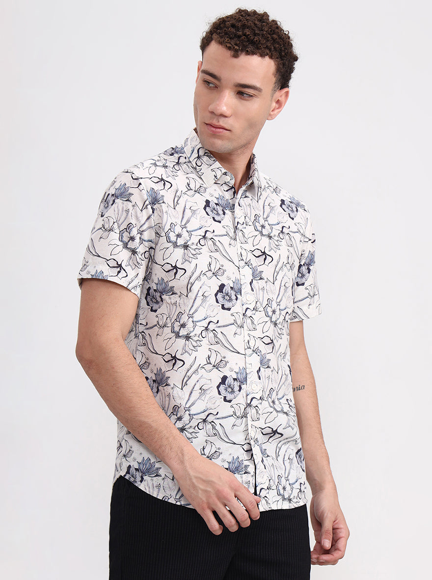 Off White Printed Slim Fit Casual Shirt | JadeBlue