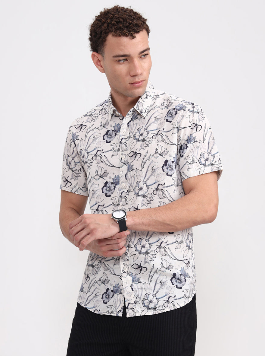 Off White Printed Slim Fit Casual Shirt | JadeBlue