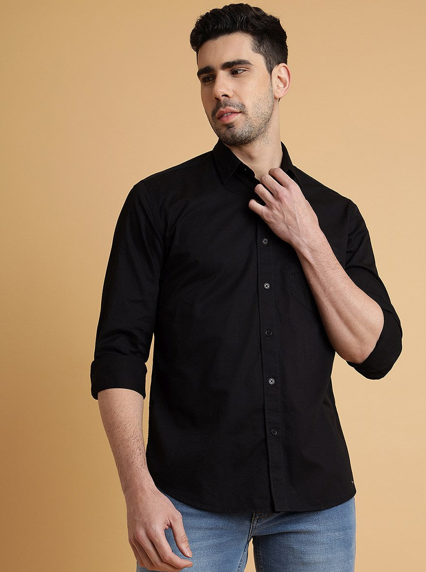 Black Solid Slim Fit Semi Casual Shirt | JadeBlue