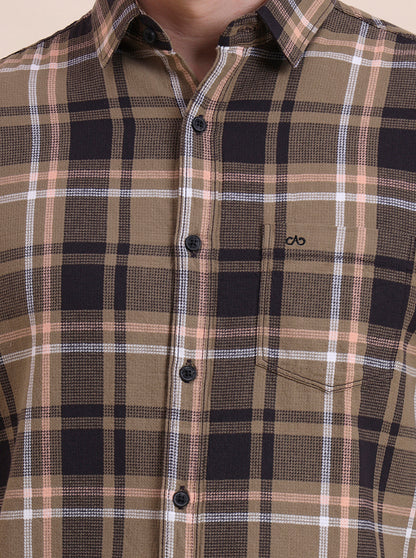 Brown Checked Slim Fit Casual Shirt | JadeBlue