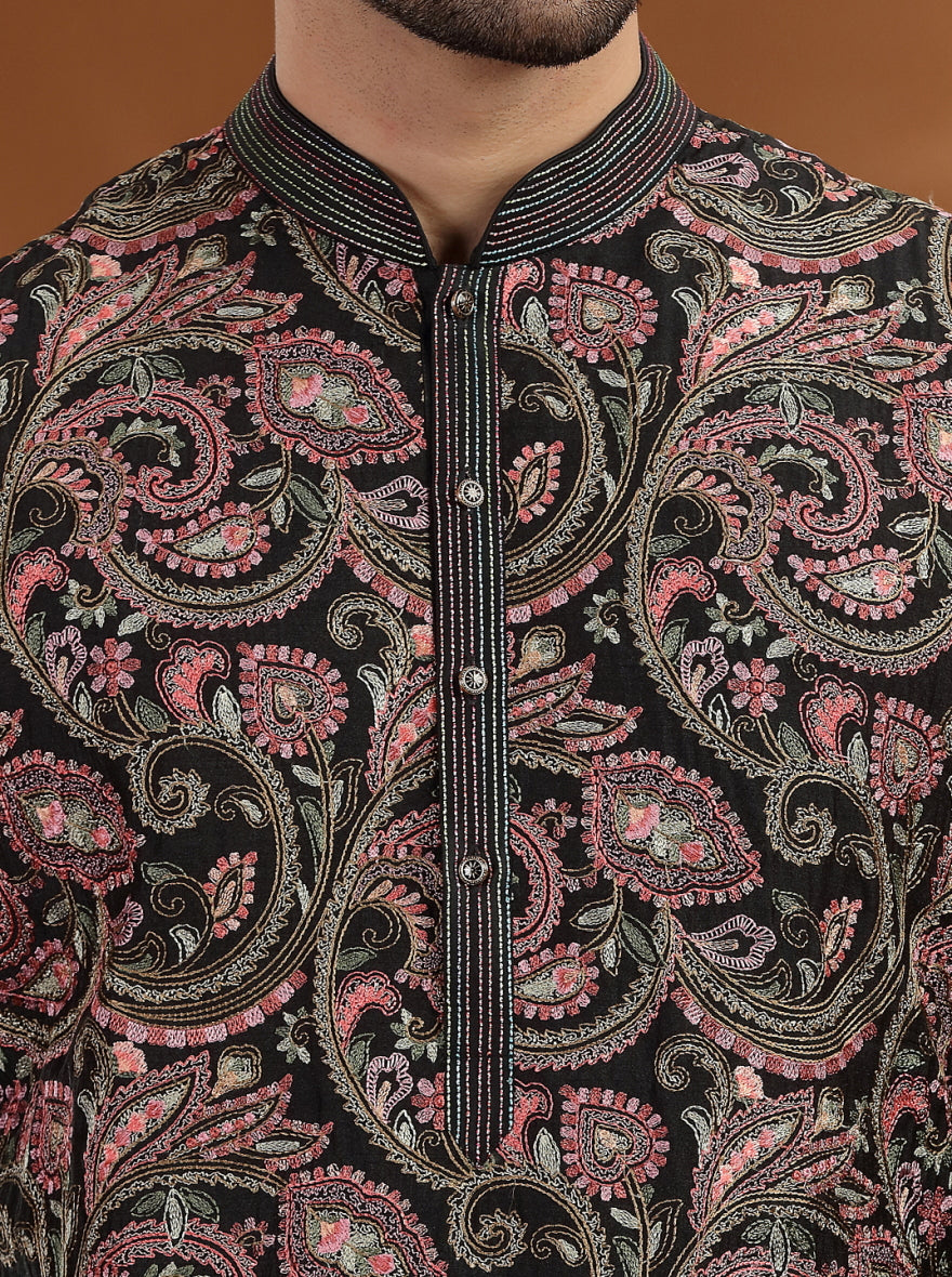 Charcol Black Embroidered  Kurta Pajama | TULA