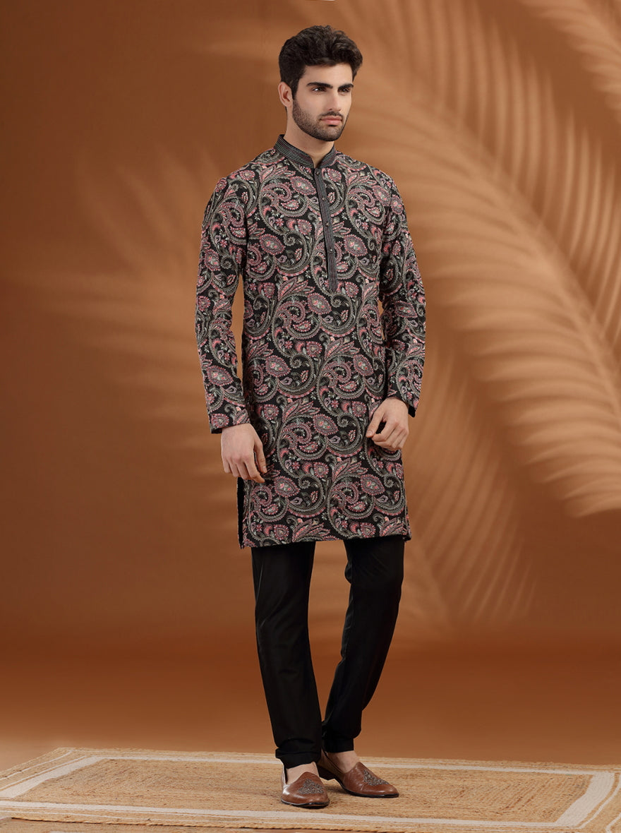 Charcol Black Embroidered  Kurta Pajama | TULA