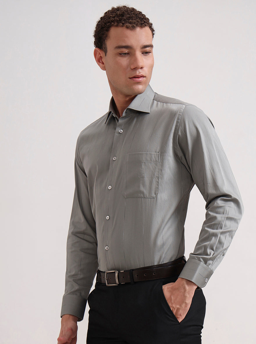 Grey & Cement Base  Striped Slim Fit Formal Shirt | Metal