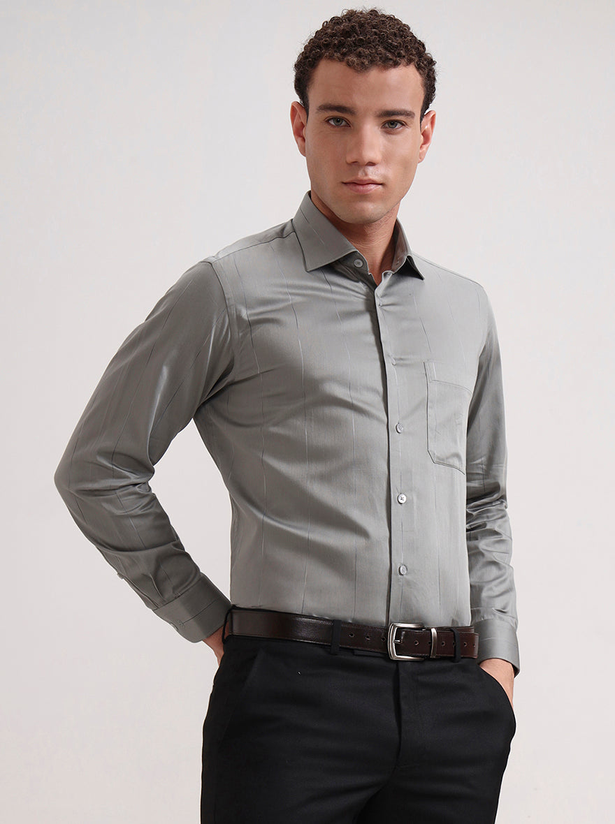 Grey & Cement Base  Striped Slim Fit Formal Shirt | Metal
