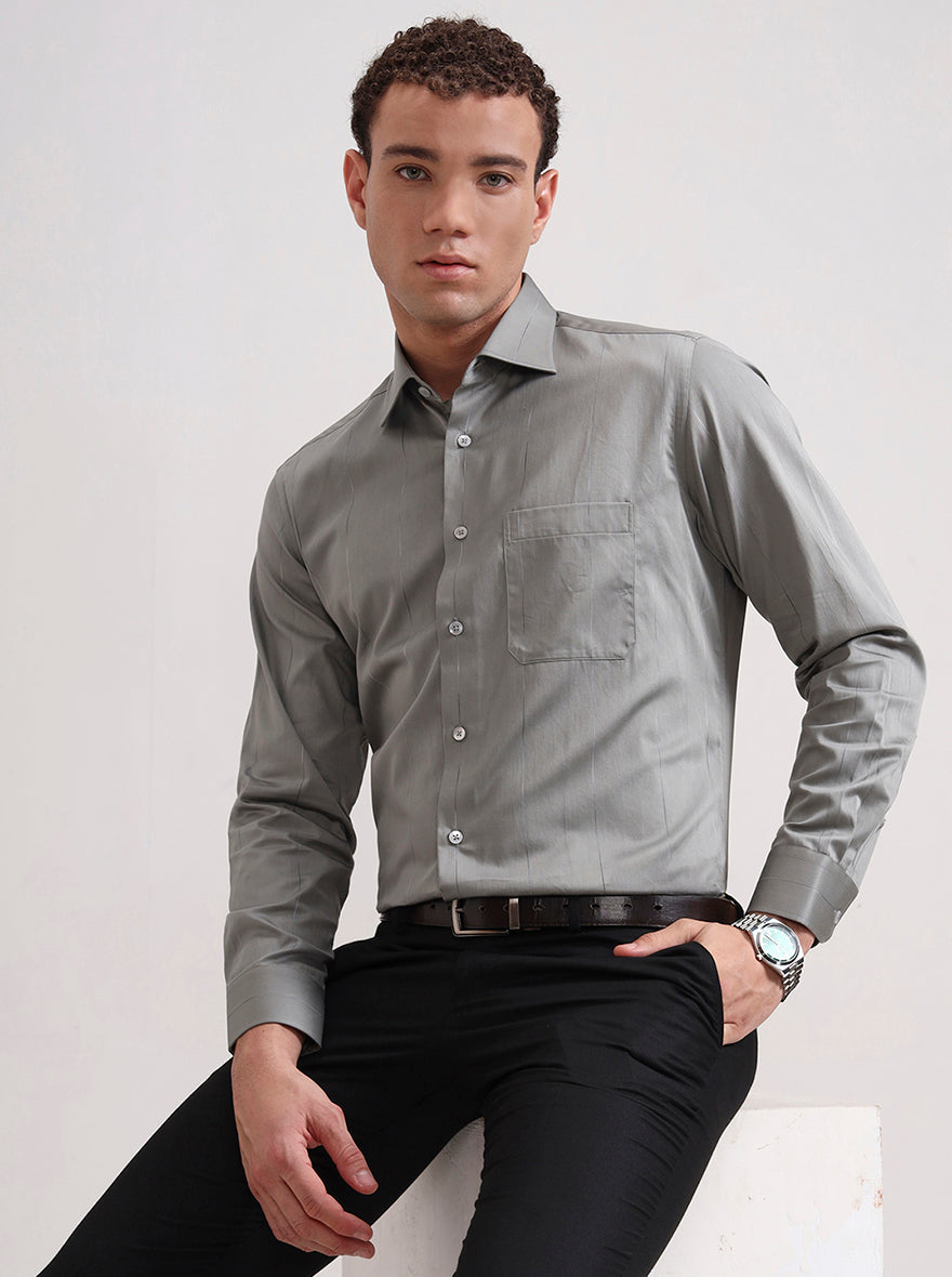 Grey & Cement Base  Striped Slim Fit Formal Shirt | Metal