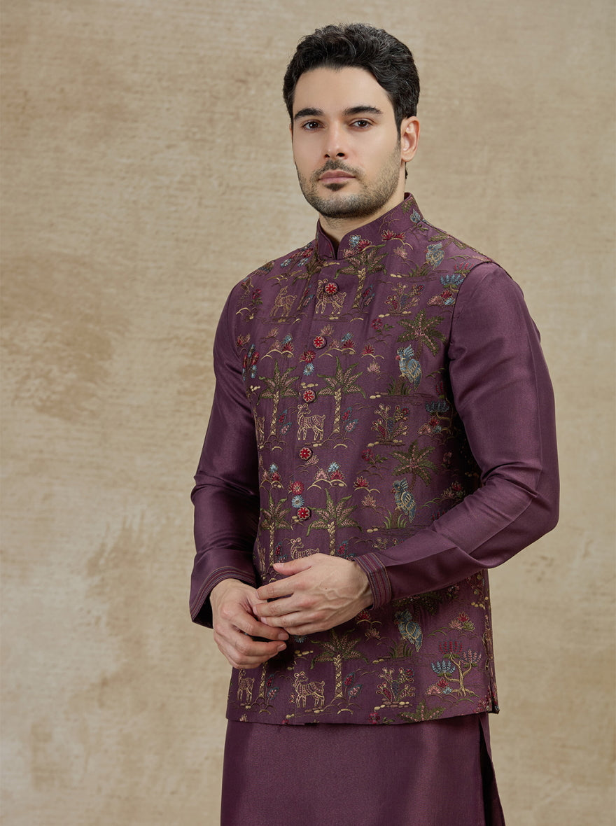 Wine Embroidered Kurta Pajama with Koti | Virasana
