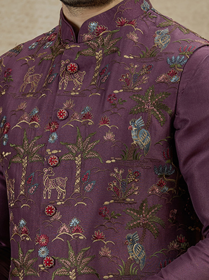 Wine Embroidered Kurta Pajama with Koti | Virasana