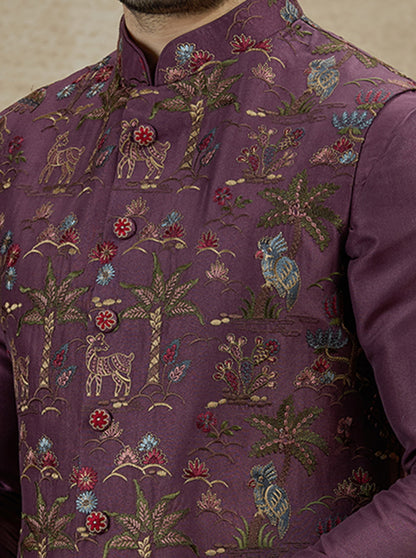 Wine Embroidered Kurta Pajama with Koti | Virasana