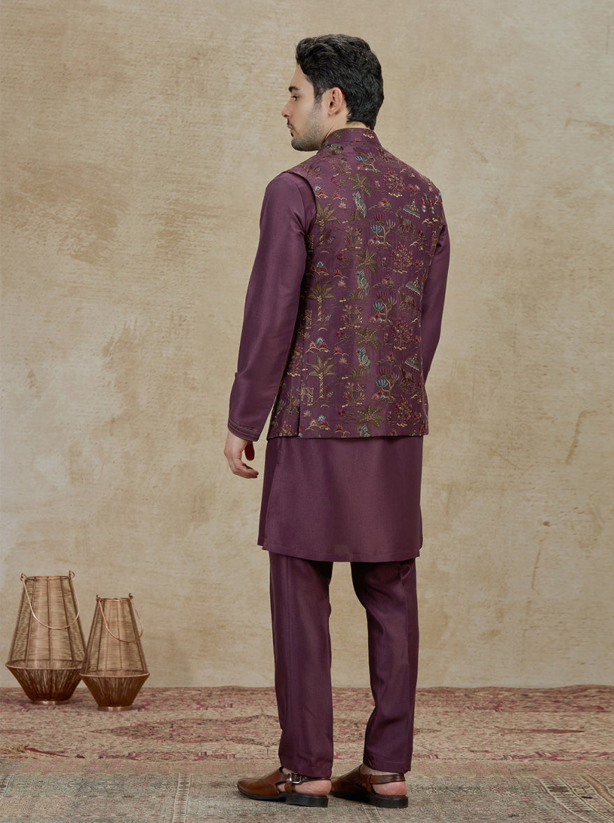 Wine Embroidered Kurta Pajama with Koti | Virasana