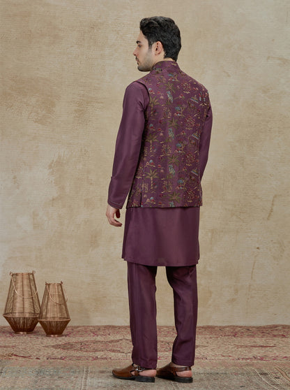Wine Embroidered Kurta Pajama with Koti | Virasana