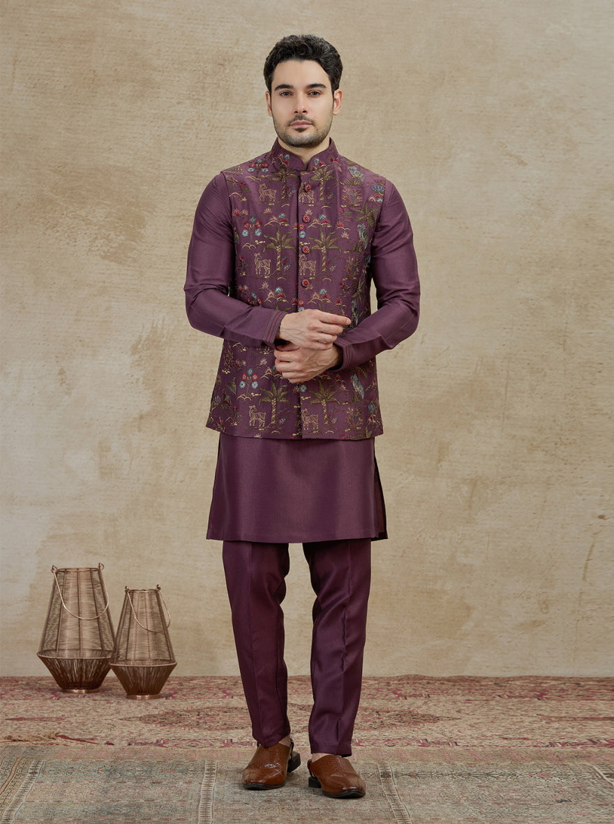 Wine Embroidered Kurta Pajama with Koti | Virasana