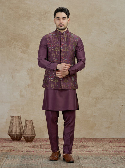 Wine Embroidered Kurta Pajama with Koti | Virasana