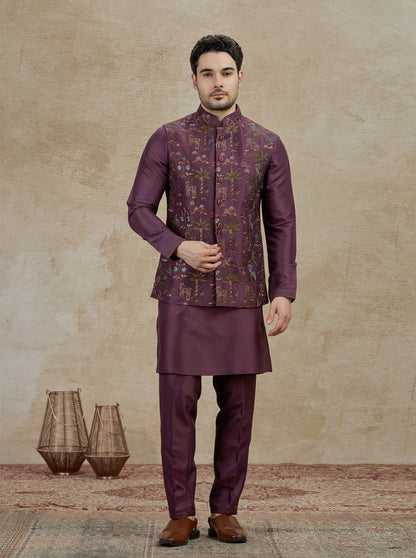 Wine Embroidered Kurta Pajama with Koti | Virasana
