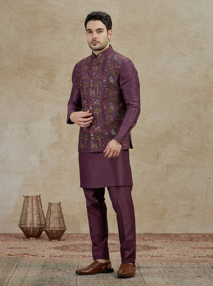 Wine Embroidered Kurta Pajama with Koti | Virasana