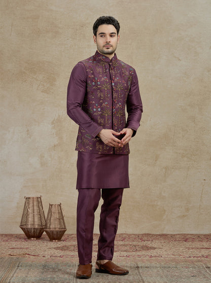 Wine Embroidered Kurta Pajama with Koti | Virasana
